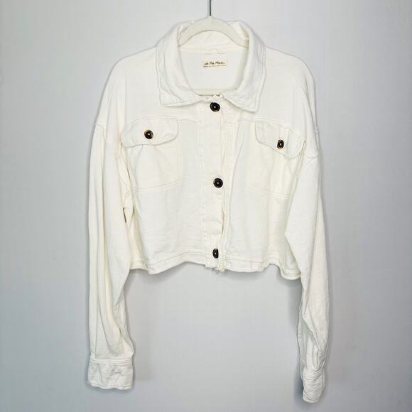 Free People Cropped Jacket Size M‎ White Raw Hem Natural Neutral Beachy - Picture 1 of 9